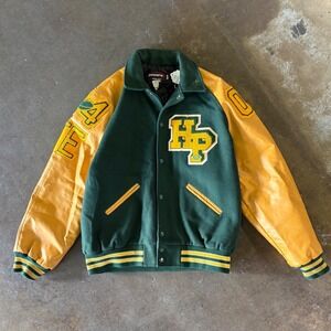 Vintage Powers Varsity Letterman Jacket Punches Football Patches Green Gold XL